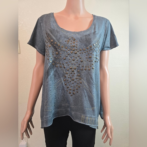 HARLEY DAVIDSON Multi-Stud V Neck Short Sleeve Sharkbite Hem Green Tee Sz Large - Picture 8 of 8